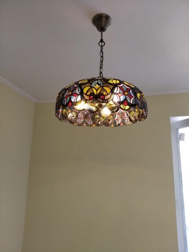 Люстра подвесная Тиффани 825-806-03 Velante разноцветная на 3 лампы, основание коричневое бронзовое в стиле тиффани орнамент цветы фото 2